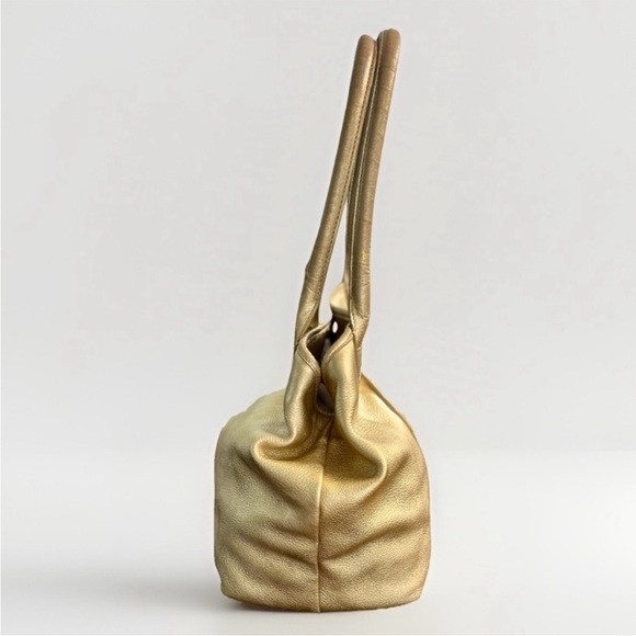 Tory Burch Pebbled Leather Gold Tote Shoulder Bag w/ Logo & 3 Pockets & Mirror - Picture 5 of 12